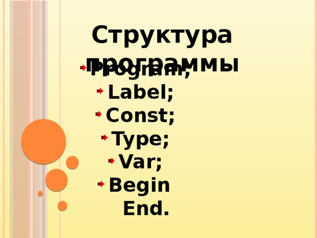 Структура программы  Program;  Label;  Const;  Type;  Var;  Begin   End. 