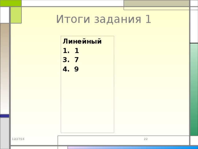 Итоги задания 1 Линейный 1. 1 7 9  12/27/16 17 