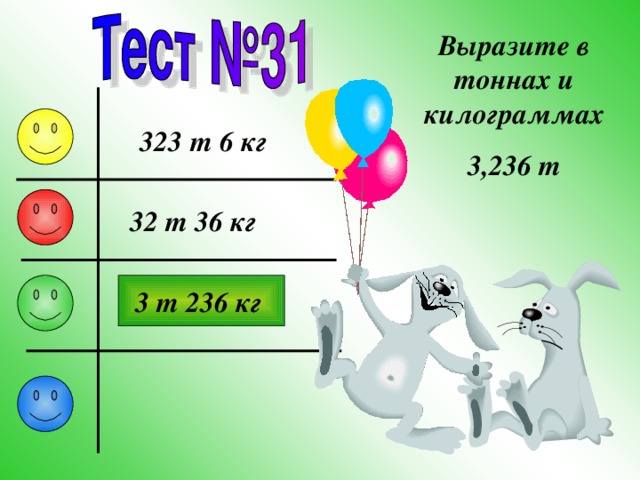Выразите в тоннах и килограммах 3,236 т 323 т 6 кг 32 т 36 кг 3 т 236 кг 