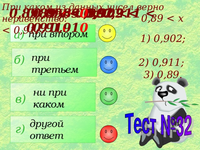 При каком из данных чисел верно  неравенство:  0,89   x  0,89   0,902  0,89   x  0,89 0   0,911  0 0,89 0   0,902  0 а) при втором  1) 0,902; 2) 0,911;  3) 0,89. при третьем б) ни при каком в) другой ответ г) 