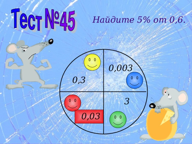 Найдите 5% от 0,6. 0,003 0,3 3 0,03 