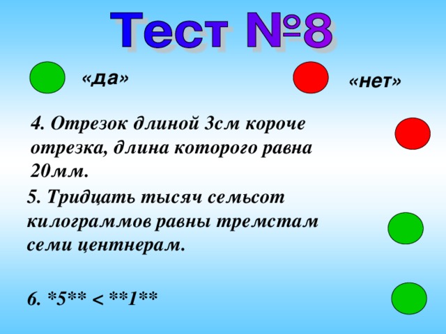 «да» «нет» 4. Отрезок длиной 3см короче отрезка, длина которого равна 20мм. 5. Тридцать тысяч семьсот килограммов равны тремстам семи центнерам. 6. *5**  