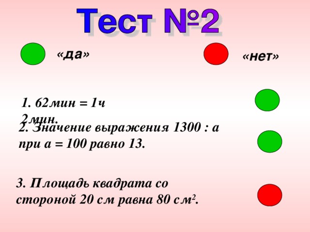 «да» «нет» 1. 62 мин = 1ч 2мин. 2. Значение выражения 1300 : a при a = 100 равно 13. 3. Площадь квадрата со стороной 20 см равна 80 см 2 . 