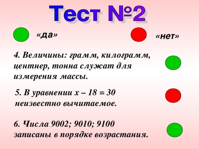 «да» «нет» 4. Величины: грамм, килограмм, центнер, тонна служат для измерения массы. 5. В уравнении x – 18 = 30 неизвестно вычитаемое. 6. Числа 9002; 9010; 9100 записаны в порядке возрастания. 