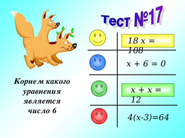 1 8 x = 108 x + 6 = 0 Корнем какого уравнения является число 6 x + x = 12 4(x-3)=64 