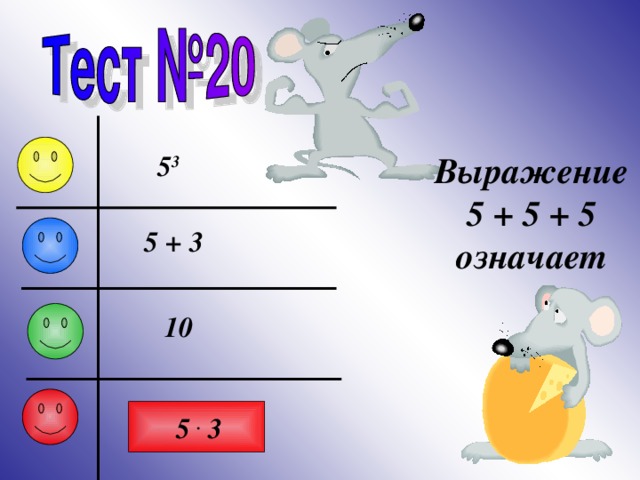 5 3 Выражение 5 + 5 + 5 означает 5 + 3 10 5  . 3 