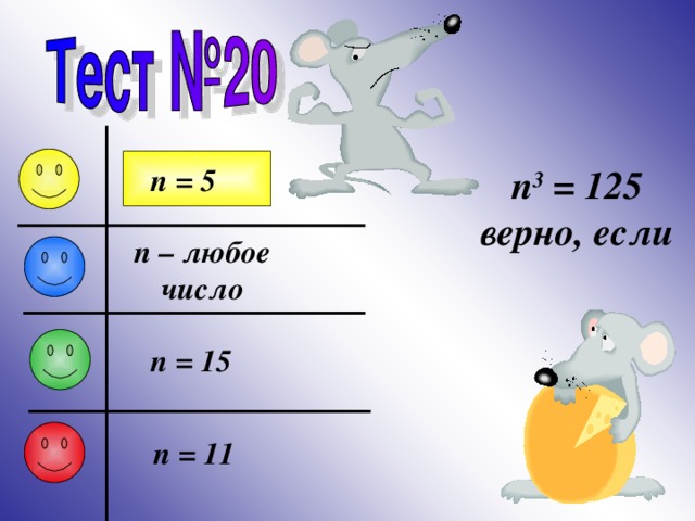 n = 5 n 3 = 125 верно, если n – любое число n = 15 n = 11 