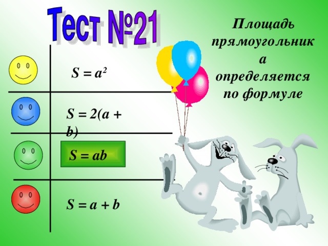 Площадь прямоугольника определяется по формуле S = a 2 S = 2(a + b) S = ab S = a + b 