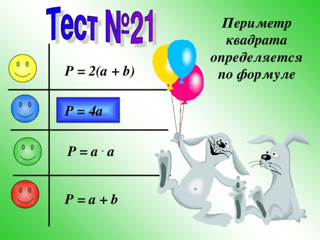Периметр квадрата определяется по формуле P = 2(a + b) P = 4a P = a . a P = a + b 