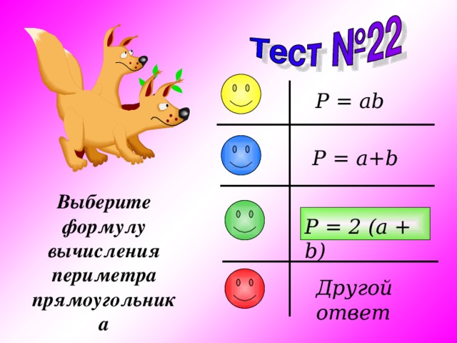 P = ab P = a+b Выберите формулу вычисления периметра прямоугольника P = 2 (a + b) Другой ответ 