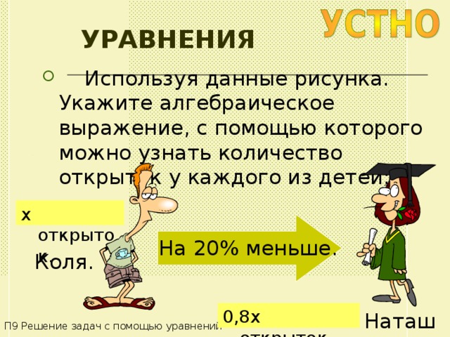 УРАВНЕНИЯ  Используя данные рисунка. Укажите алгебраическое выражение, с помощью которого можно узнать количество открыток у каждого из детей: x открыток . На 20% меньше . Коля . 0,8 x открыток . Наташа П9 Решение задач с помощью уравнений 