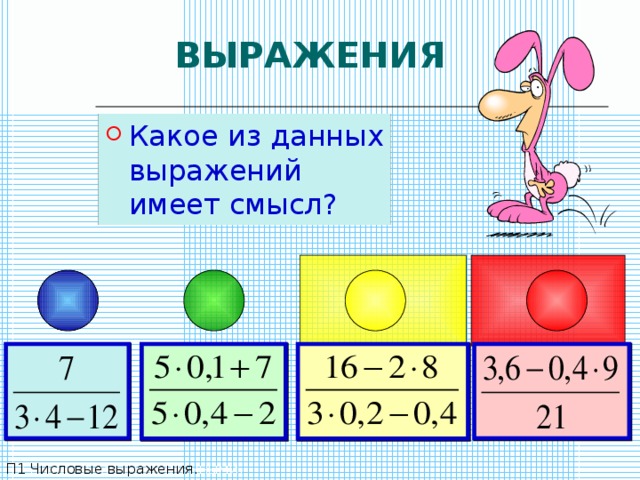 ВЫРАЖЕНИЯ Какое из данных выражений имеет смысл? П2 Выражения с переменными. П1 Числовые выражения. 