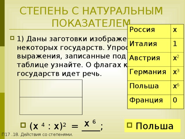 П17 .18. Действия со степенями. СТЕПЕНЬ С НАТУРАЛЬНЫМ ПОКАЗАТЕЛЕМ Россия Италия x Австрия 1 Германия x 2 x 3 Польша x 6 Франция 0 1) Даны заготовки изображений флагов некоторых государств. Упростите выражения, записанные под ними, и по таблице узнайте. О флагах каких государств идет речь. x 6  Польша  (x 4 : x) 2   = ____; 