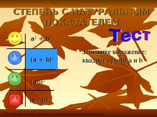 СТЕПЕНЬ С НАТУРАЛЬНЫМ ПОКАЗАТЕЛЕМ a 2 + b 2  Запишите выражение: квадрат суммы a и b (a + b) 2  (ab) 2  (a - b) 2  П16 Определение степени с натуральным показателем 