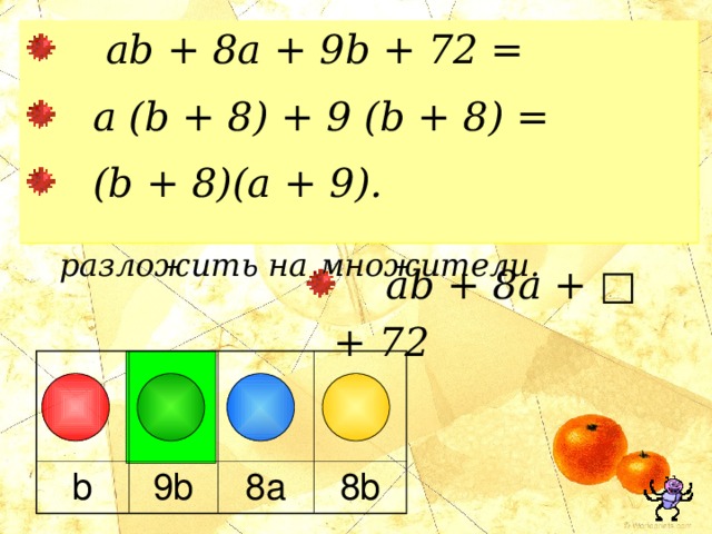  ab + 8a + 9 b + 72 =  a (b + 8) + 9 (b + 8) =  (b + 8)(a + 9). МНОГОЧЛЕНЫ  Вместо квадратика запишите такое выражение, чтобы полученный многочлен можно было разложить на множители.  ab + 8a + □ + 72 b 9b 8a 8b 