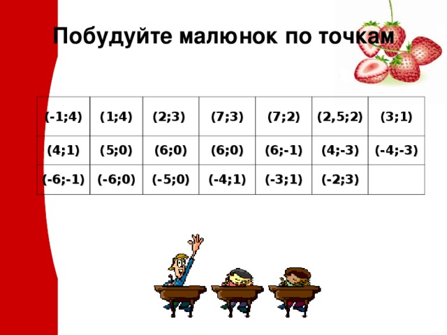 Побудуйте малюнок по точкам   (-1;4) (1;4) (4;1) (5;0) (2;3) (-6;-1) (7;3) (-6;0) (6;0) (7;2) (6;0) (-5;0) (2,5;2) (-4;1) (6;-1) (3;1) (4;-3) (-3;1) (-2;3) (-4;-3) 