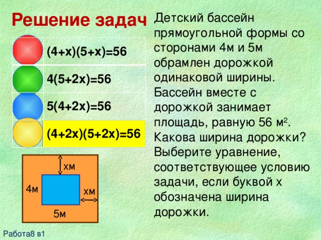 Решение задач Детский бассейн прямоугольной формы со сторонами 4м и 5м обрамлен дорожкой одинаковой ширины. Бассейн вместе с дорожкой занимает площадь, равную 56 м 2 . Какова ширина дорожки? Выберите уравнение, соответствующее условию задачи, если буквой x обозначена ширина дорожки.   (4+x)(5+x)=56 4(5+2x)=56 5(4+2x)=56 (4+2x)(5+2x)=56 xм 4м xм 5м Работа8 в1 
