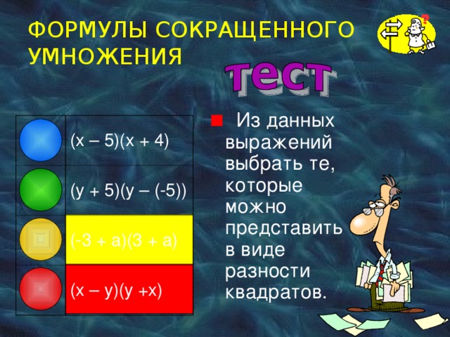 ФОРМУЛЫ СОКРАЩЕННОГО УМНОЖЕНИЯ  Из данных выражений выбрать те, которые  можно представить в виде разности квадратов. ( x – 5)(x + 4) (y + 5)(y – (-5)) (-3 + a)(3 + a) (x – y)(y +x) 