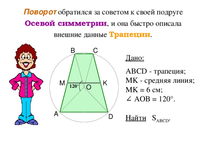 Поворот обратился за советом к своей подруге Осевой симметрии , и она быстро описала внешние данные Трапеции . C B Дано:  ABCD - трапеция; MK -  средняя линия; MK = 6 см; ∠  AOB = 120 °. Найти  S ABCD . K M 120 ° O A D 