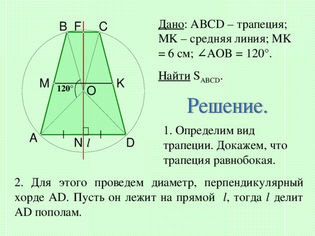 Дано : ABCD – трапеция; MK – средняя линия; MK = 6 см; ∠ AOB = 120 °. Найти  S ABCD . F C B M K 120 ° O 1. Определим вид трапеции. Докажем, что трапеция равнобокая. A l N D 2. Для этого проведем диаметр, перпендикулярный хорде AD . Пусть он лежит на прямой l , тогда l делит AD пополам. 