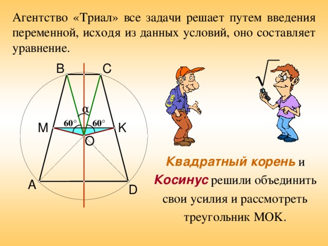 Cos Агентство «Триал» все задачи решает путем введения переменной, исходя из данных условий, оно составляет уравнение. C B α 60 ° 60 ° M K O Квадратный корень и Косинус решили объединить свои усилия и рассмотреть треугольник MOK . A D 