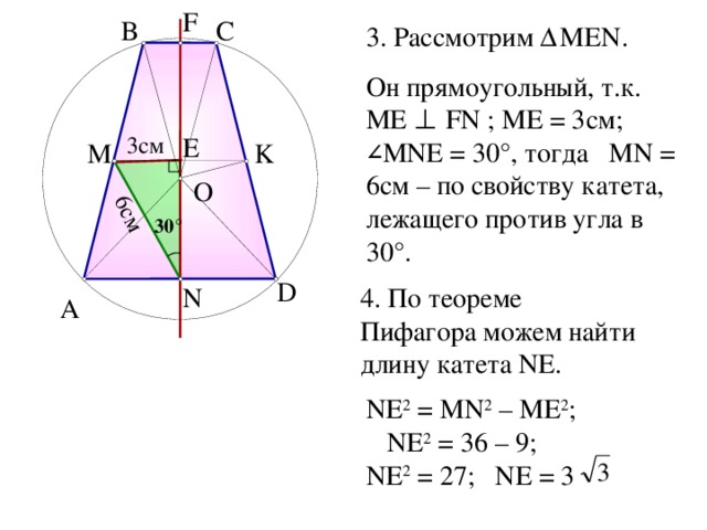 F 6 c м B C 3. Рассмотрим Δ MEN. Он прямоугольный, т.к. МЕ ⊥  FN ; ME = 3 см ; ∠ MNE = 30°, тогда MN = 6см – по свойству катета, лежащего против угла в 30 ° . 3c м E K M O 30 ° D 4. По теореме Пифагора можем найти длину катета NE. N A NE 2 = MN 2 – ME 2 ; NE 2 = 36 – 9; NE 2 = 27; NE = 3 