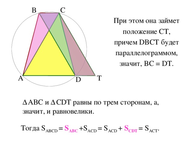 B C При этом она займет положение CT , причем DBCT будет параллелограммом, значит, BC = DT. A T D Δ ABC и  Δ CDT равны по трем сторонам, а, значит, и равновелики. Тогда S ABCD = S ABC  +S ACD = S ACD + S CDT  = S ACT . 
