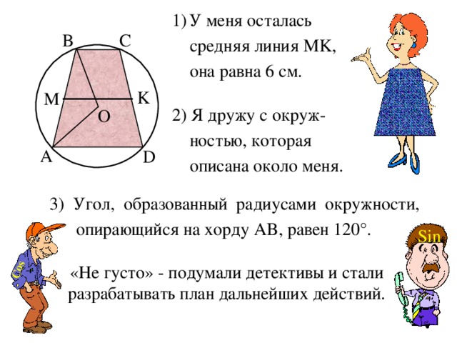 Cos У меня осталась  средняя линия MK ,  она равна 6 см. 2) Я дружу с окруж-  ностью, которая  описана около меня. C B K M O A D 3) Угол, образованный радиусами окружности,  опирающийся на хорду AB , равен 120 ° . Sin «Не густо» - подумали детективы и стали разрабатывать план дальнейших действий. 