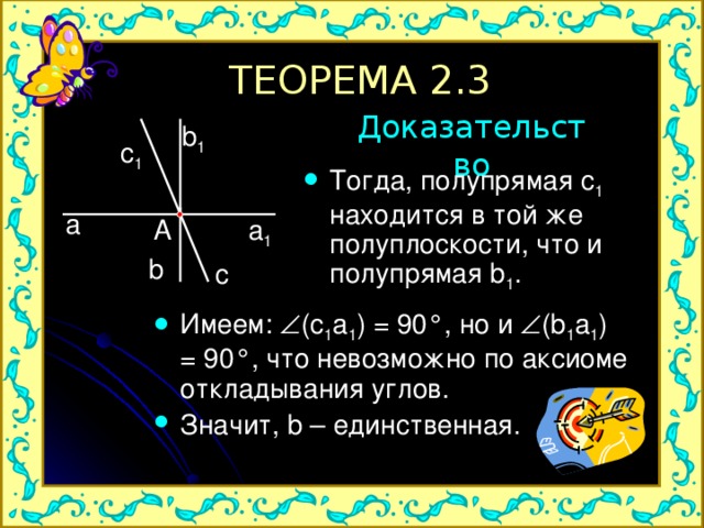 ТЕОРЕМА 2.3 Доказательство b 1 c 1 Тогда, полупрямая c 1  находится в той же полуплоскости, что и полупрямая b 1 . a a 1 A b c Имеем:  (c 1 a 1 ) = 90°, но и  (b 1 a 1 ) = 90°, что невозможно по аксиоме откладывания углов. Значит, b – единственная. 