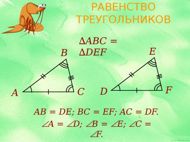 РАВЕНСТВО ТРЕУГОЛЬНИКОВ ∆ ABC = ∆ DEF E B F D C A AB = DE; BC = EF; AC = DF.  A =  D;  B =  E;  C =  F. 