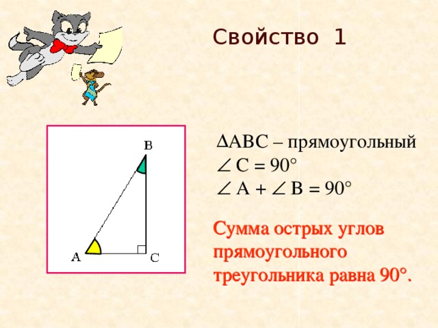 Свойство 1 ABC – прямоугольный   C = 90°     A +  B = 90° Сумма острых углов прямоугольного треугольника равна 90°. 
