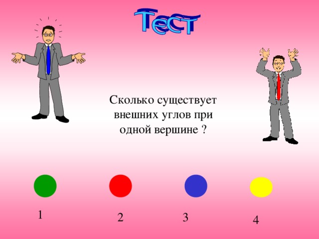 Сколько существует внешних углов при одной вершине ? 1 3 2 4 