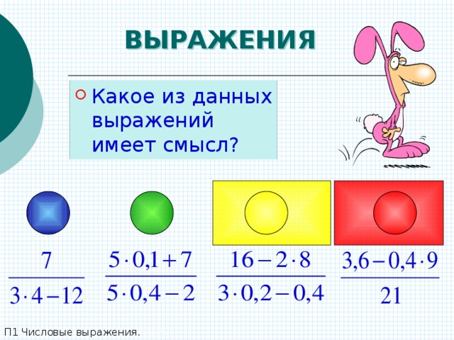 ВЫРАЖЕНИЯ Какое из данных выражений имеет смысл? П1 Числовые выражения. П2 Выражения с переменными. 