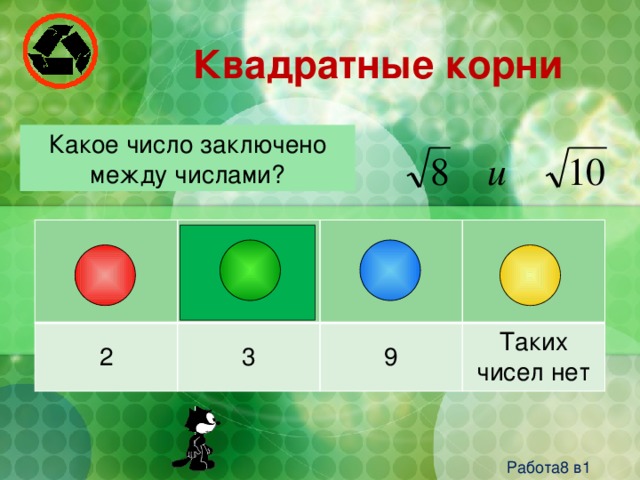 Квадратные корни Какое число заключено между числами? 2 3 9 Таких чисел нет Работа8 в1  