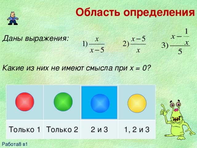 Область определения Даны выражения:   Какие из них не имеют смысла при x = 0? Только 1 Только 2 2 и 3 1, 2 и 3 Работа8 в1 