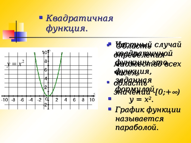 Квадратичная функция. Частный случай квадратичной функции это функция, заданная формулой  y = x 2 . График функции называется параболой.  Область определения – множество всех чисел; область значений -[0;+  ) 