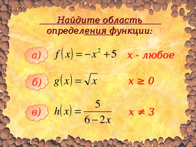 Найдите область определения функции: x - любое а) x ≥ 0 б) x ≠ 3 в) 