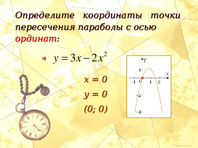 Определите координаты точки пересечения параболы с осью ординат :  x = 0 y = 0 (0; 0) x = 0 y = 9 (0; 9) 