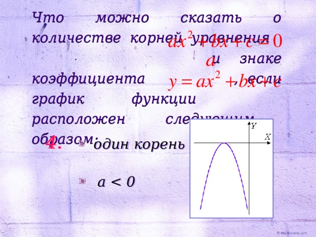 Что можно сказать о количестве корней уравнения     и знаке коэффициента  , если график функции   расположен следующим образом: 4. один корень   a  