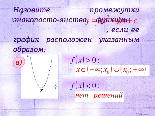 Назовите промежутки знакопосто-янства функции , если ее график расположен указанным образом: в) 