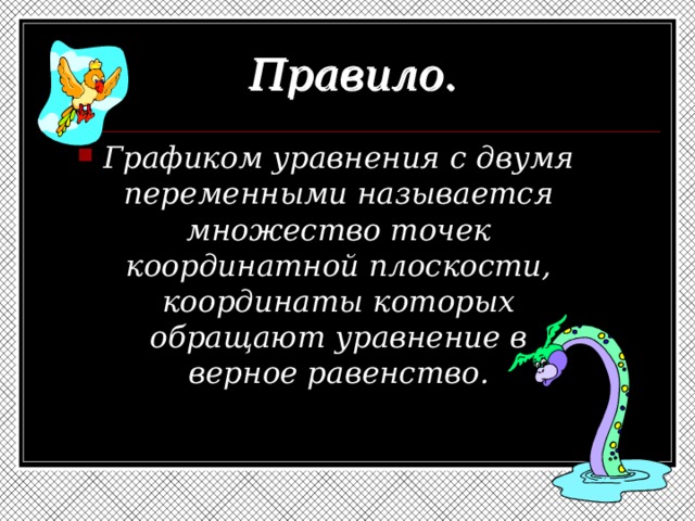 Правило. Графиком уравнения с двумя переменными называется множество точек координатной плоскости, координаты которых обращают уравнение в верное равенство. 