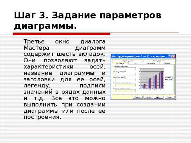 Что данная диаграмма не содержит. Параметры диаграммы/заголовки. Легенда содержит название диаграммы. Основные параметры диаграмм. Название осей в диаграмме.