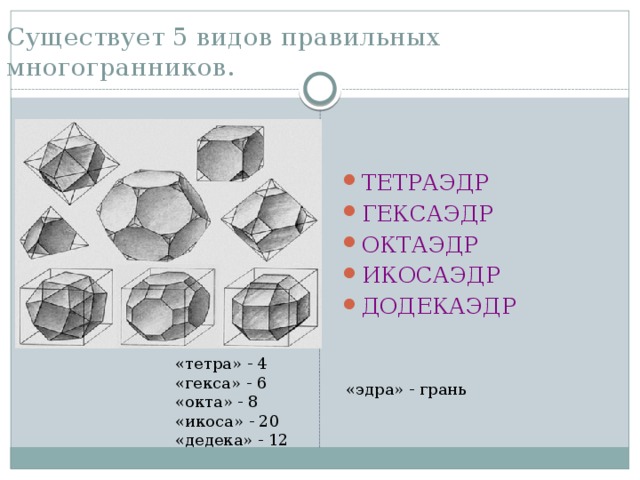 Существует 5 видов правильных многогранников.   ТЕТРАЭДР ГЕКСАЭДР ОКТАЭДР ИКОСАЭДР ДОДЕКАЭДР «тетра» - 4 «гекса» - 6 «окта» - 8 «икоса» - 20 «дедека» - 12 «эдра» - грань 