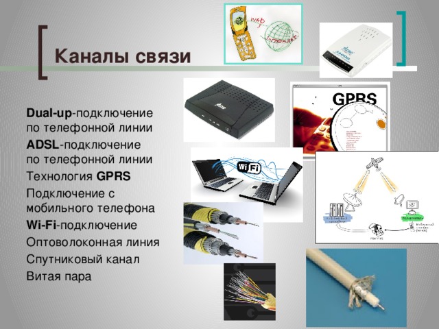 Каналы связи Dual-up -подключение  по телефонной линии ADSL -подключение  по телефонной линии Технология GPRS Подключение с мобильного телефона Wi-Fi -подключение Оптоволоконная линия Спутниковый канал Витая пара 