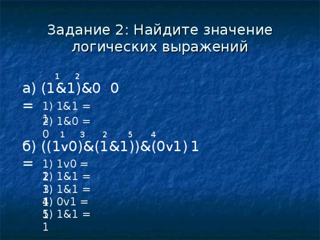 Задание 2: Найдите значение логических выражений 2 1 0 а ) (1&1)&0 = 1) 1 &1 = 1 2 ) 1 &0 = 0 5 1 2 3 4 б) ((1 v 0)&(1&1))&(0 v 1) = 1 1) 1 v0 = 1 2 ) 1 &1 = 1 3 ) 1 &1 = 1 4 ) 0v1 = 1 5 ) 1 &1 = 1 