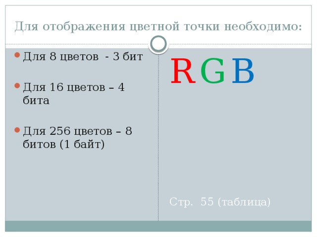 Для отображения цветной точки необходимо: Для 8 цветов - 3 бит R  G  B Для 16 цветов – 4 бита Для 256 цветов – 8 битов (1 байт) Стр. 55 (таблица) 