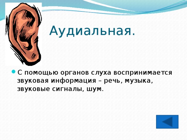 Аудиальная. С помощью органов слуха воспринимается звуковая информация – речь, музыка, звуковые сигналы, шум. 