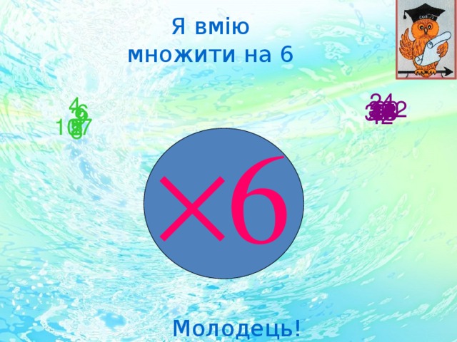 Я вмію множити на 6 24 4 30 60 12 54 6 36 48 18 3 42 9 5 2 7 10 8  6 Молодець! 
