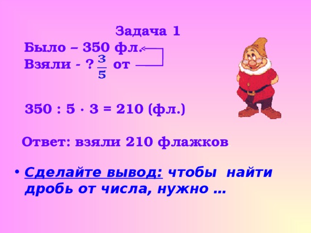 Задача 1 Было – 350 фл. Взяли - ? от  350 : 5 · 3 = 210 (фл.) Ответ: взяли 210 флажков . Сделайте вывод: чтобы найти дробь от числа, нужно …  