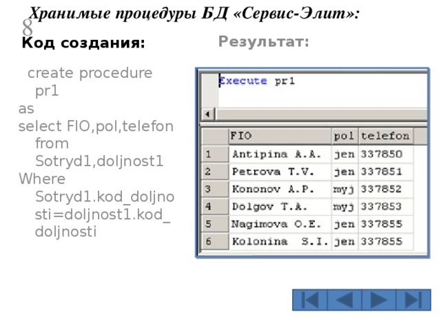 Хранимые процедуры БД «Сервис-Элит»:  Результат: Код создания:  create procedure pr1 as select FIO,pol,telefon from Sotryd1,doljnost1 Where Sotryd1.kod_doljnosti=doljnost1.kod_doljnosti  